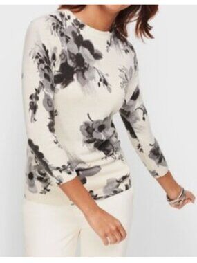 Talbots 100% Cashmere Audrey Ivory & Black Floral Sweater 3/4 Sleeve Size M